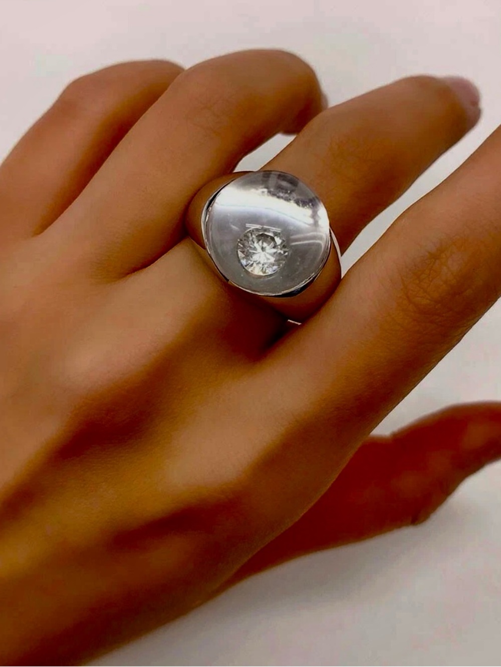 Mauboussin Paris 18K gold rock quartz dome + hidden diamond ring ~ size 4.75